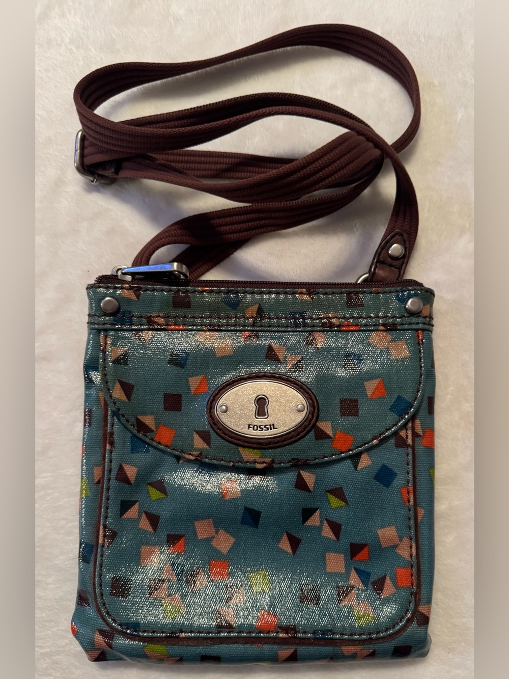 Fossil Key-Per Teal Geometric Print Crossbody